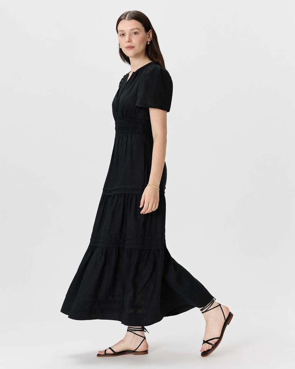 QUINCE Black 100% European Linen Tiered A-Line Maxi Dress, Size L - Picture 2 of 14